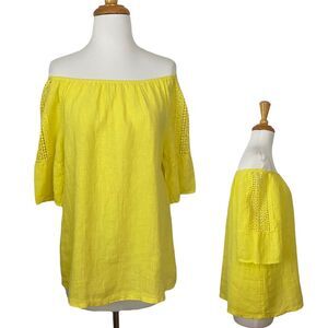 Terzo Millennio Yellow Linen Top Blouse Women Size S Open Shoulders Relaxed Fit